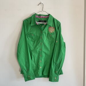 Y2K COOGI Womens Shirt Logo Crest M Gold Embroidered Kelly Green Preppy Bright